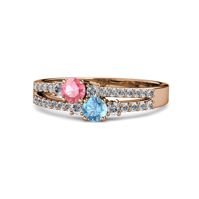 Zaira Pink Tourmaline and Blue Topaz with Side Diamonds Split Shank Ring 