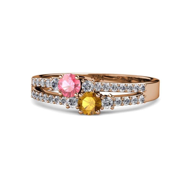 Zaira Pink Tourmaline and Citrine with Side Diamonds Split Shank Ring 