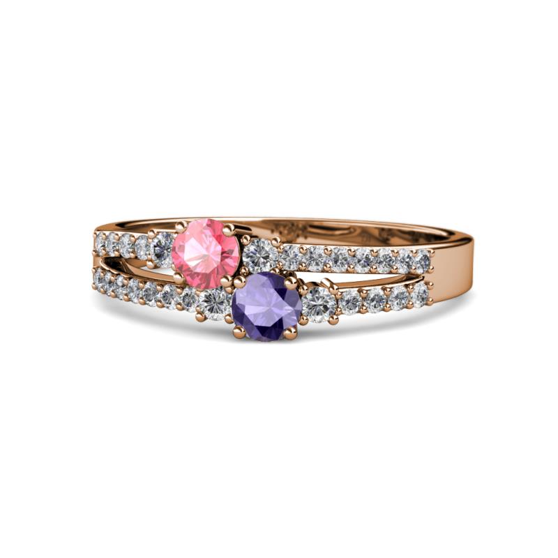 Zaira Pink Tourmaline and Iolite with Side Diamonds Split Shank Ring 