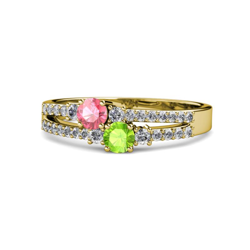 Zaira Pink Tourmaline and Peridot with Side Diamonds Split Shank Ring 