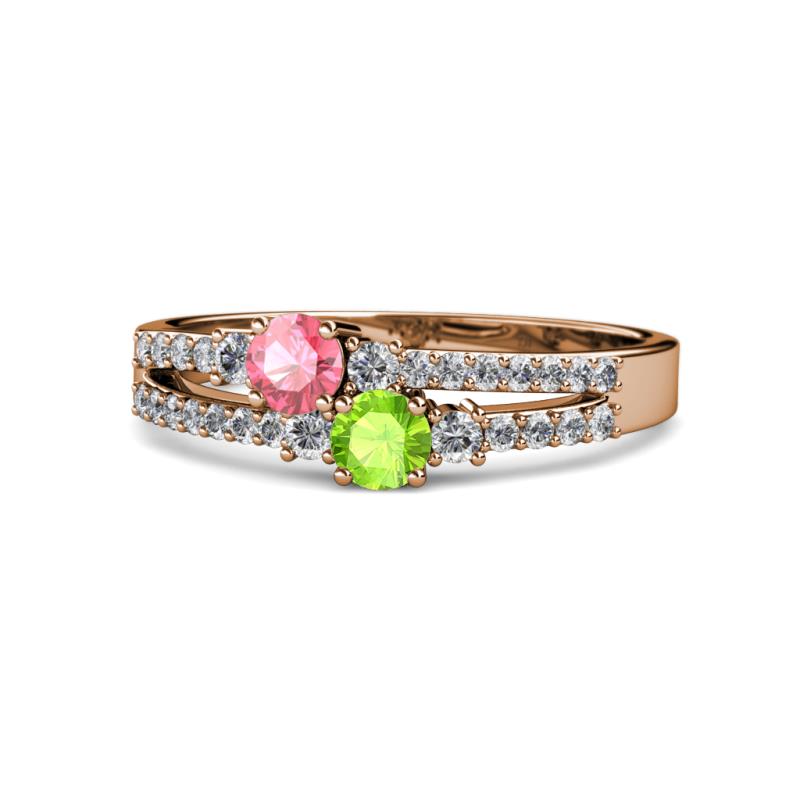 Zaira Pink Tourmaline and Peridot with Side Diamonds Split Shank Ring 