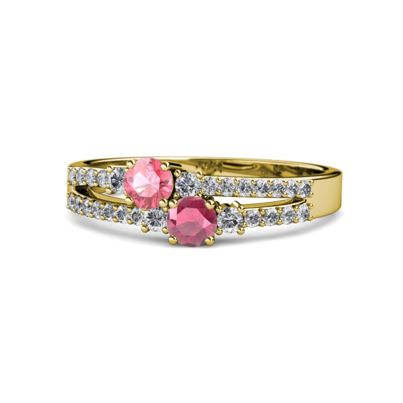 Zaira Pink Tourmaline and Rhodolite Garnet with Side Diamonds Split Shank Ring 