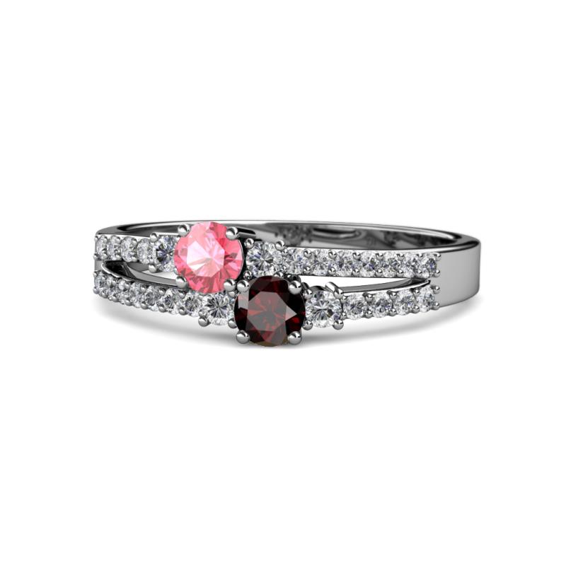 Zaira Pink Tourmaline and Red Garnet with Side Diamonds Split Shank Ring 