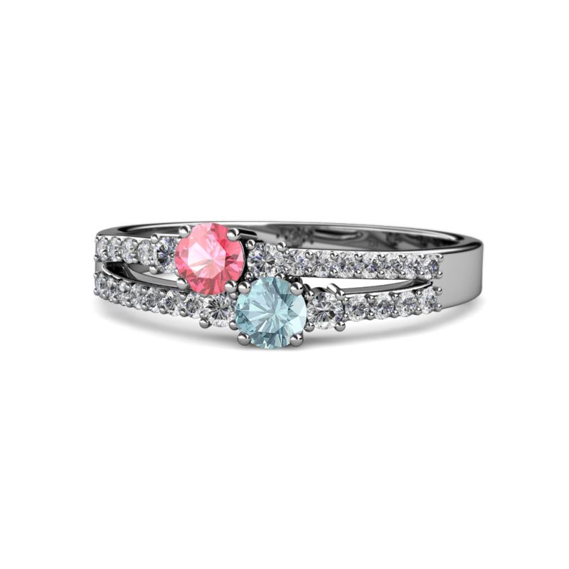 Zaira Pink Tourmaline and Aquamarine with Side Diamonds Split Shank Ring 