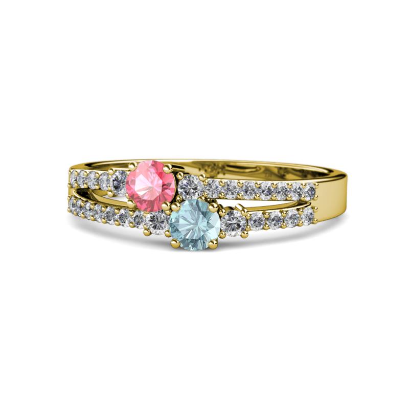 Zaira Pink Tourmaline and Aquamarine with Side Diamonds Split Shank Ring 