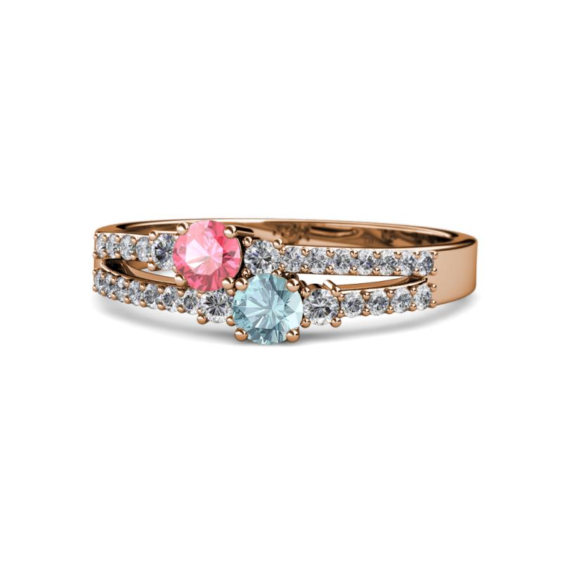 Zaira Pink Tourmaline and Aquamarine with Side Diamonds Split Shank Ring 