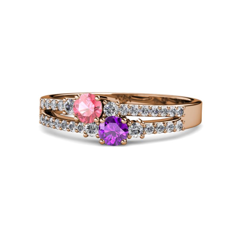 Zaira Pink Tourmaline and Amethyst with Side Diamonds Split Shank Ring 