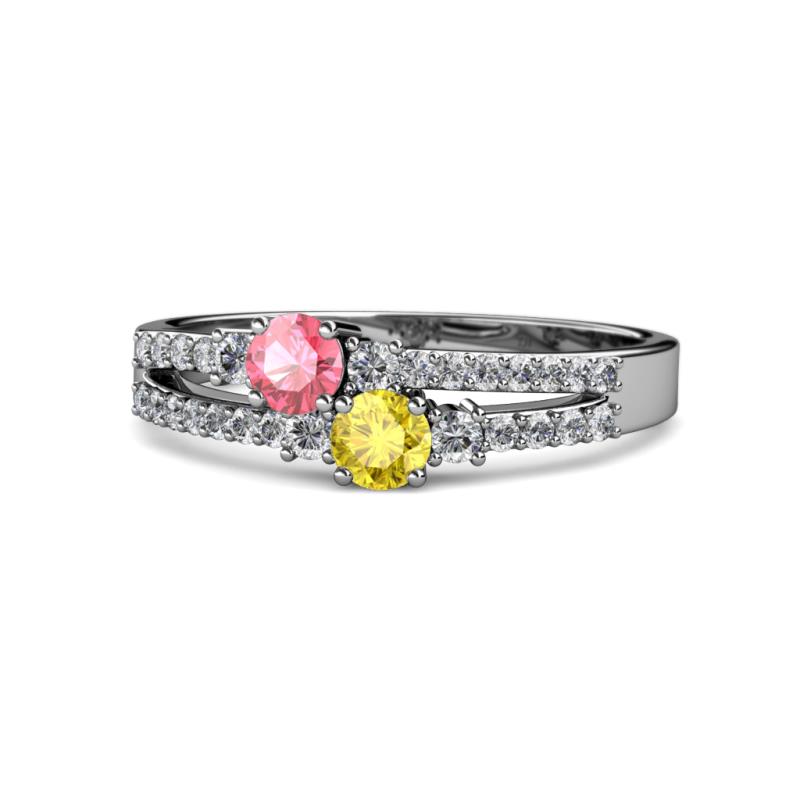 Zaira Pink Tourmaline and Yellow Sapphire with Side Diamonds Split Shank Ring 