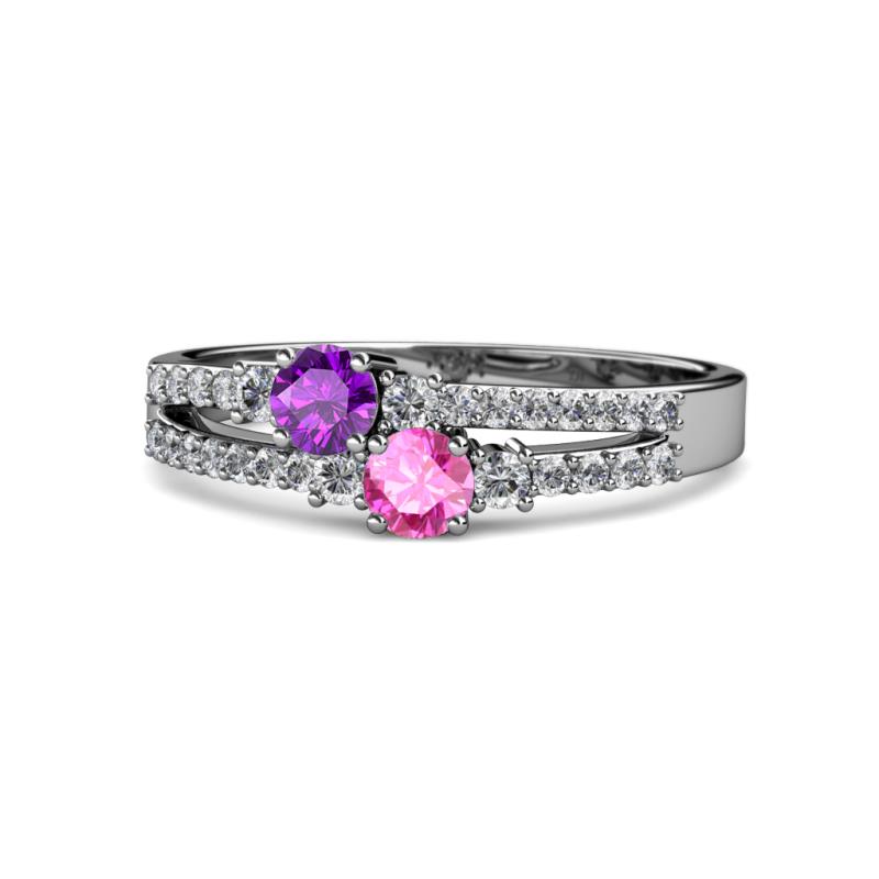 Zaira Amethyst and Pink Sapphire with Side Diamonds Split Shank Ring 