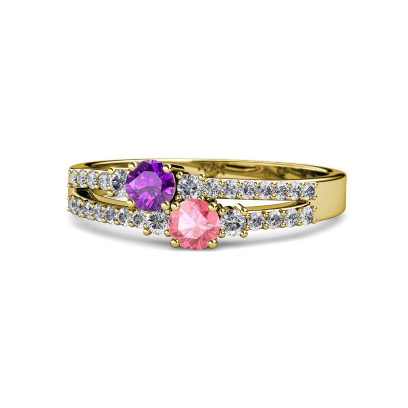 Zaira Amethyst and Pink Tourmaline with Side Diamonds Split Shank Ring 