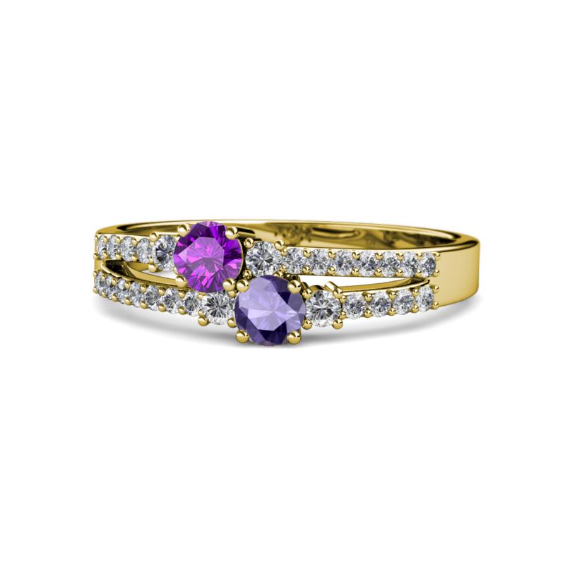 Zaira Amethyst and Iolite with Side Diamonds Split Shank Ring 