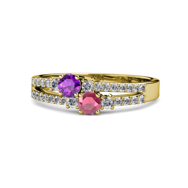 Zaira Amethyst and Rhodolite Garnet with Side Diamonds Split Shank Ring 