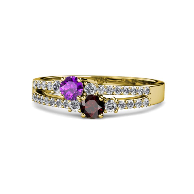 Zaira Amethyst and Red Garnet with Side Diamonds Split Shank Ring 