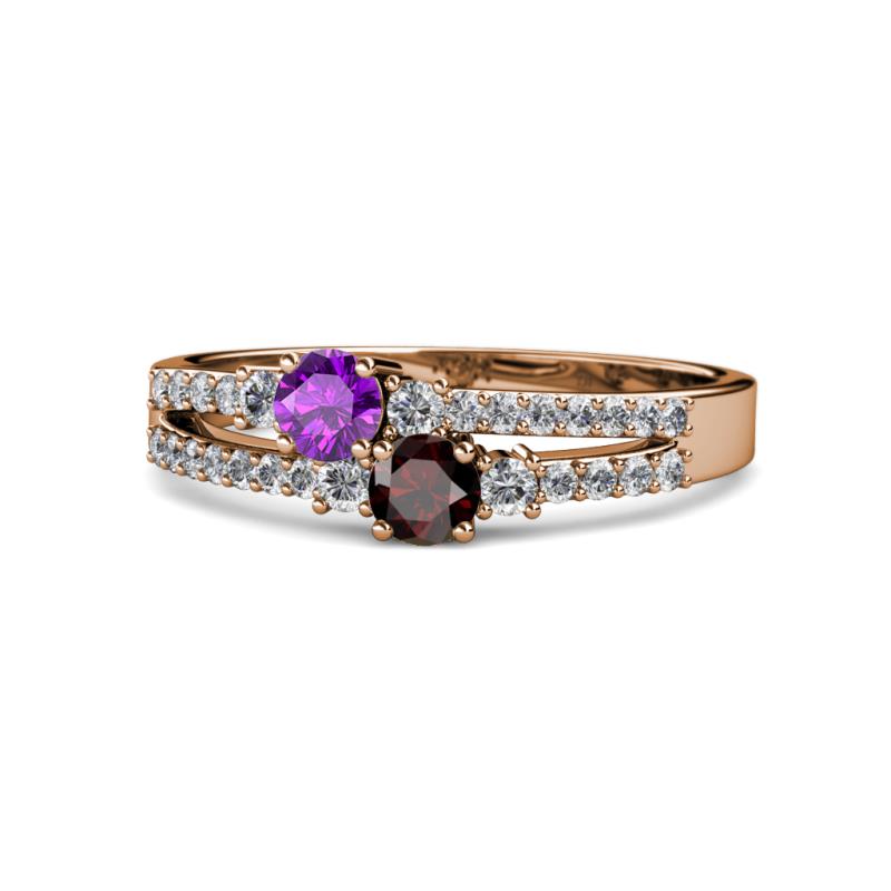 Zaira Amethyst and Red Garnet with Side Diamonds Split Shank Ring 