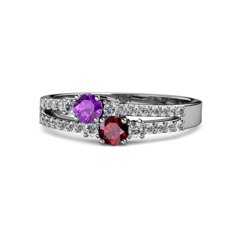 Zaira Amethyst and Ruby with Side Diamonds Split Shank Ring 