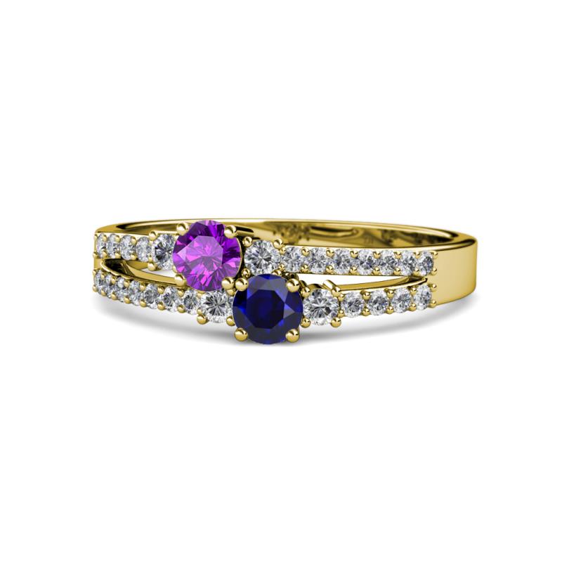 Zaira Amethyst and Blue Sapphire with Side Diamonds Split Shank Ring 