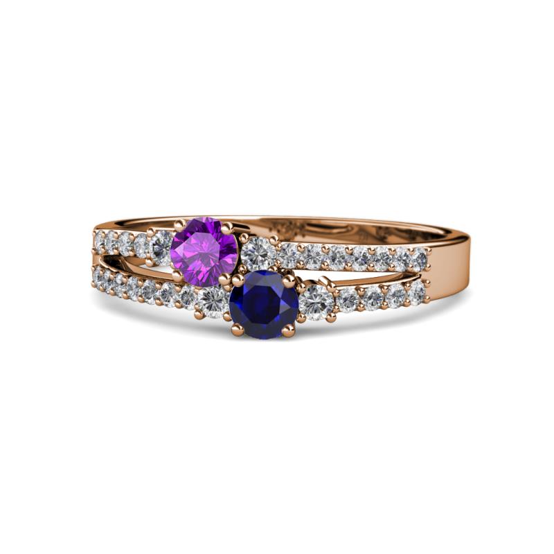 Zaira Amethyst and Blue Sapphire with Side Diamonds Split Shank Ring 