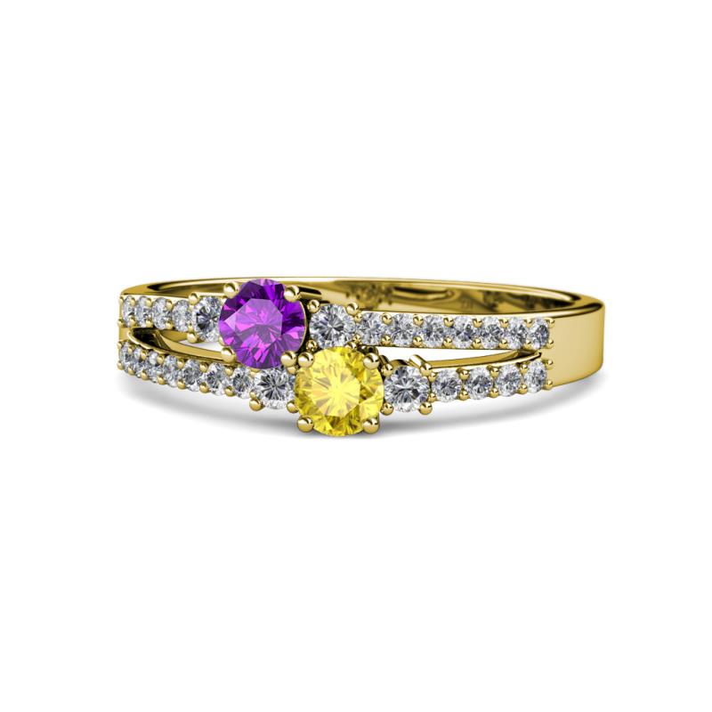 Zaira Amethyst and Yellow Sapphire with Side Diamonds Split Shank Ring 