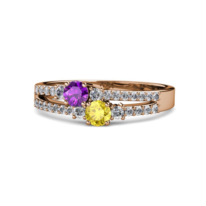 Zaira Amethyst and Yellow Sapphire with Side Diamonds Split Shank Ring 