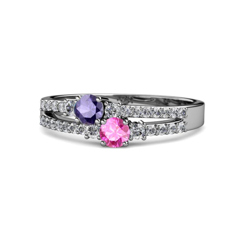 Zaira Iolite and Pink Sapphire with Side Diamonds Split Shank Ring 