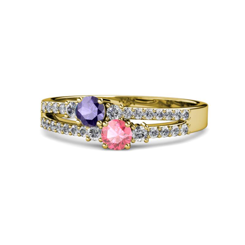 Zaira Iolite and Pink Tourmaline with Side Diamonds Split Shank Ring 