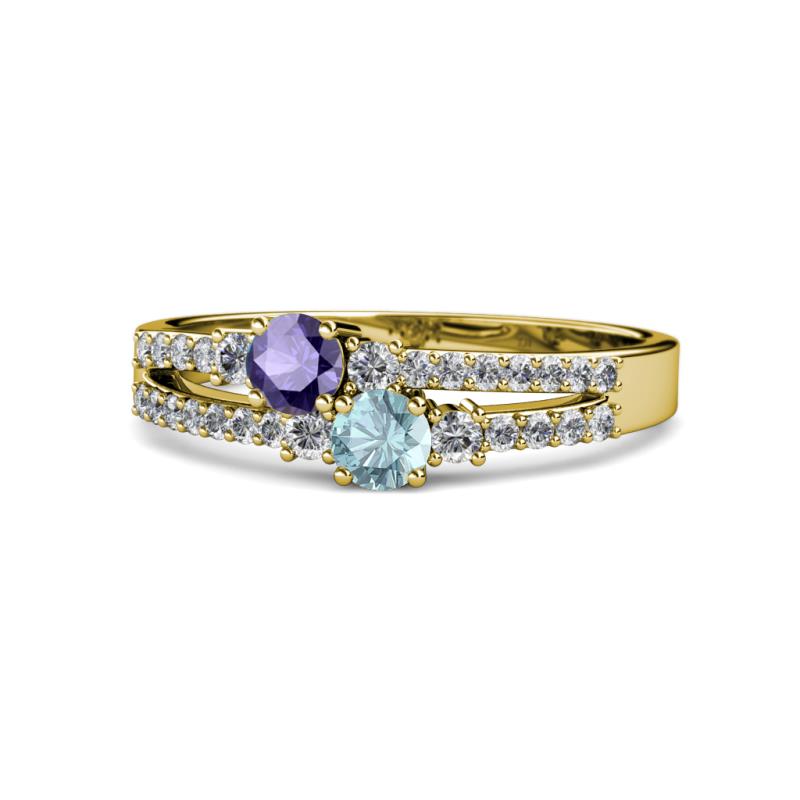 Zaira Iolite and Aquamarine with Side Diamonds Split Shank Ring 