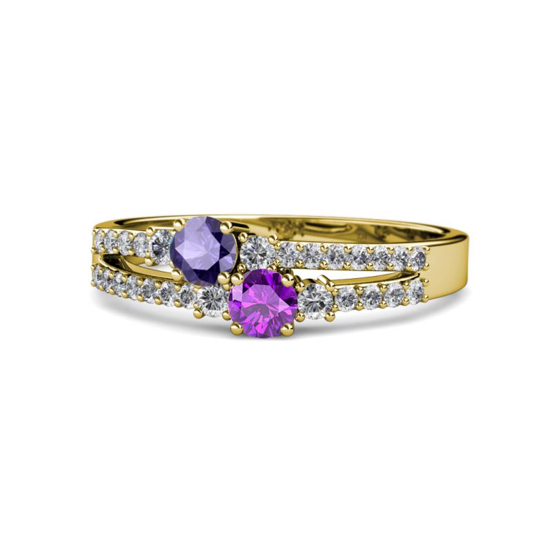 Zaira Iolite and Amethyst with Side Diamonds Split Shank Ring 