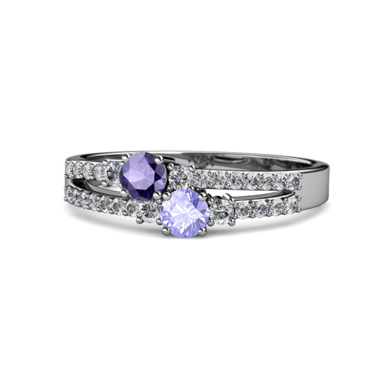 Zaira Iolite and Tanzanite with Side Diamonds Split Shank Ring 