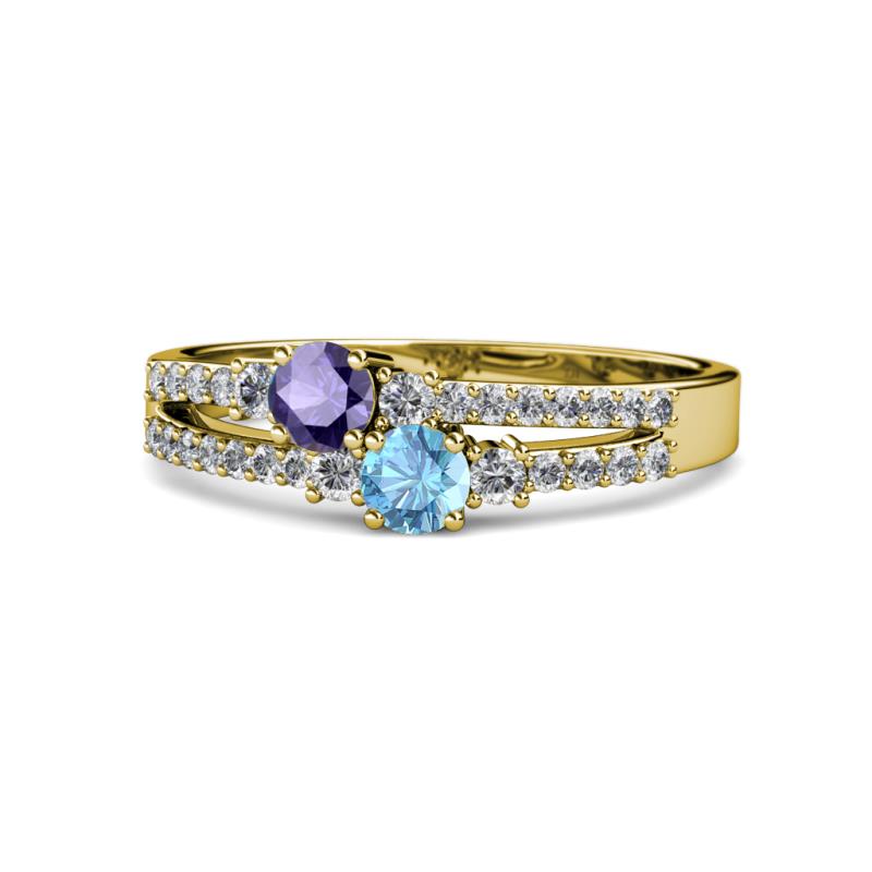 Zaira Iolite and Blue Topaz with Side Diamonds Split Shank Ring 