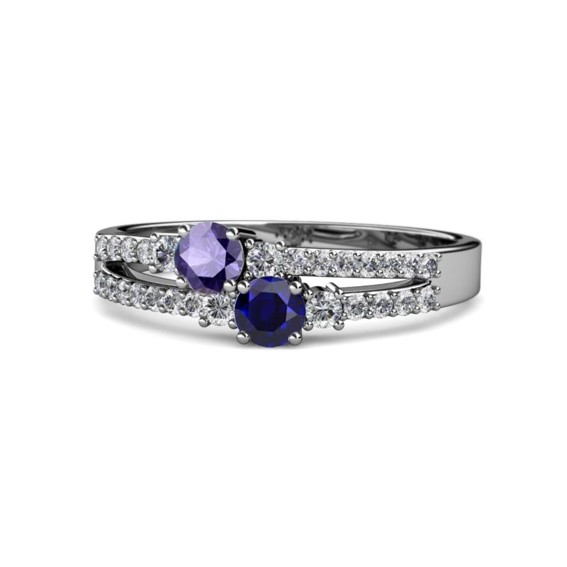 Zaira Iolite and Blue Sapphire with Side Diamonds Split Shank Ring 