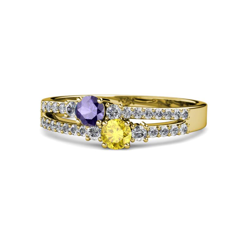Zaira Iolite and Yellow Sapphire with Side Diamonds Split Shank Ring 