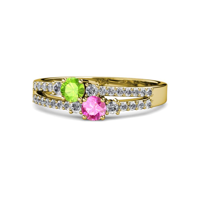 Zaira Peridot and Pink Sapphire with Side Diamonds Split Shank Ring 