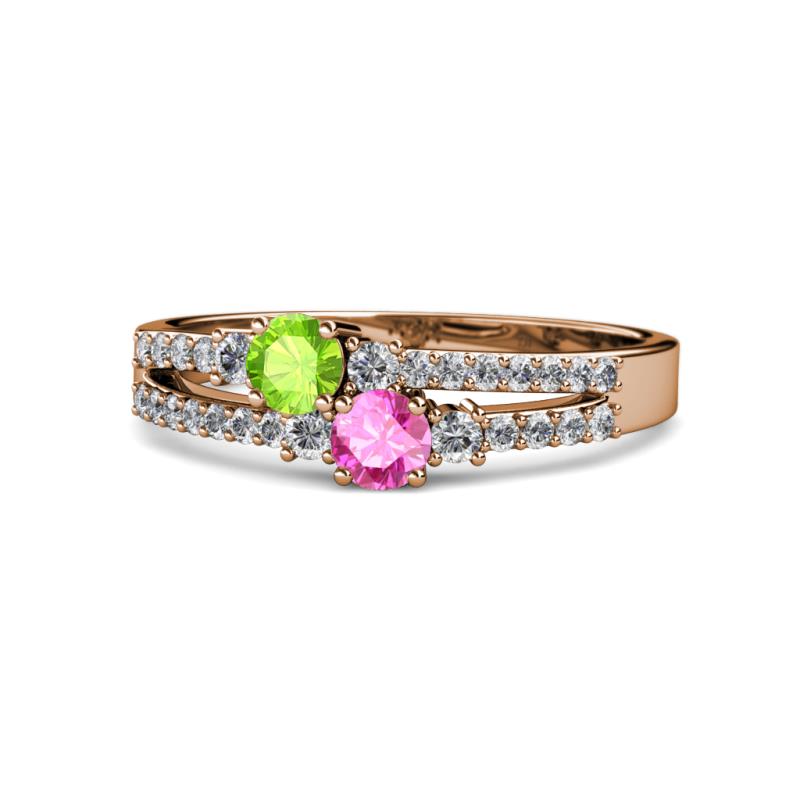 Zaira Peridot and Pink Sapphire with Side Diamonds Split Shank Ring 