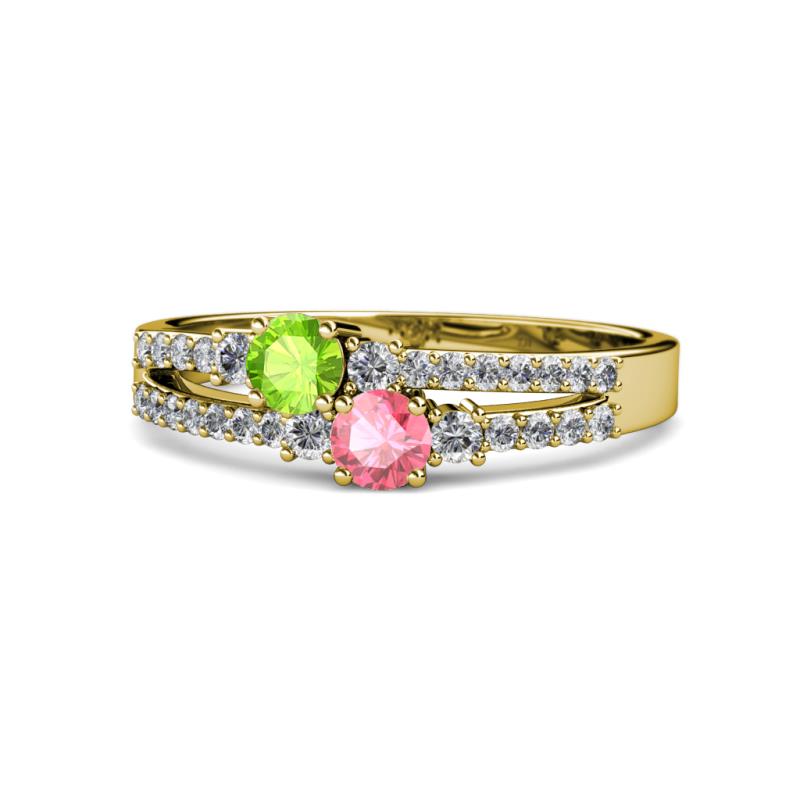 Zaira Peridot and Pink Tourmaline with Side Diamonds Split Shank Ring 