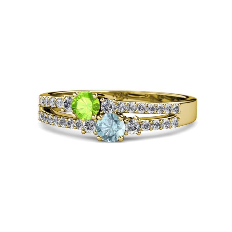 Zaira Peridot and Aquamarine with Side Diamonds Split Shank Ring 