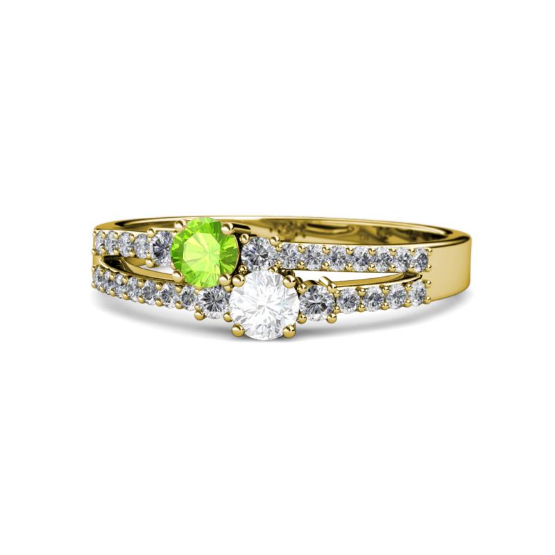 Zaira Peridot and White Sapphire with Side Diamonds Split Shank Ring 