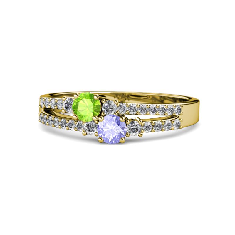 Zaira Peridot and Tanzanite with Side Diamonds Split Shank Ring 