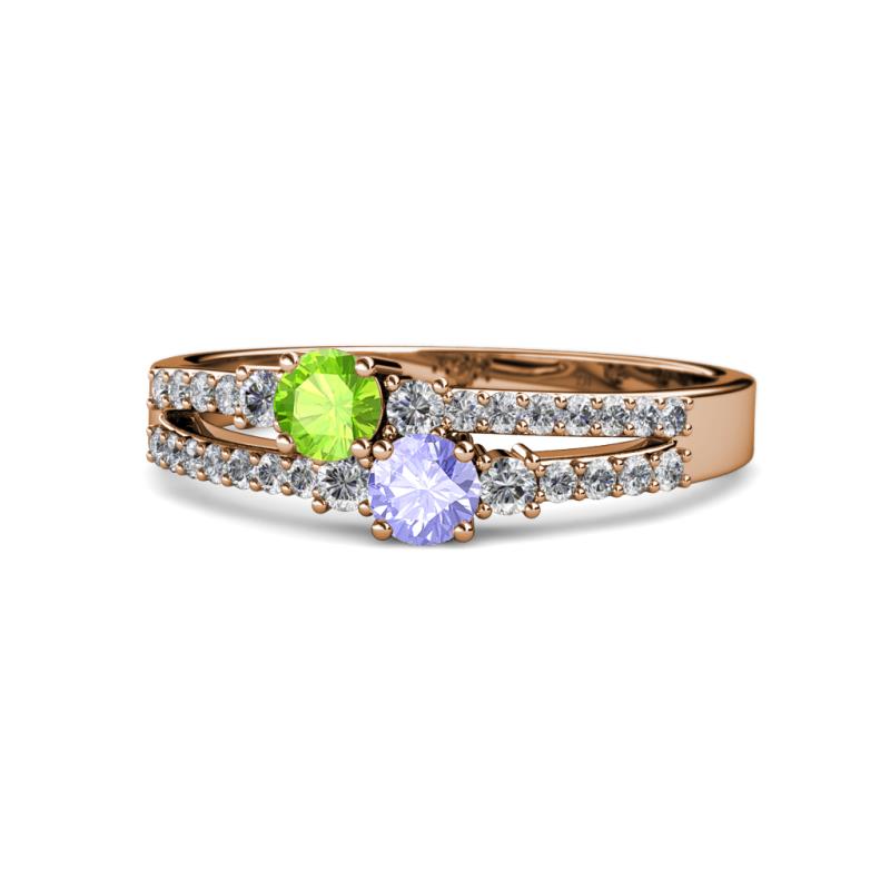 Zaira Peridot and Tanzanite with Side Diamonds Split Shank Ring 