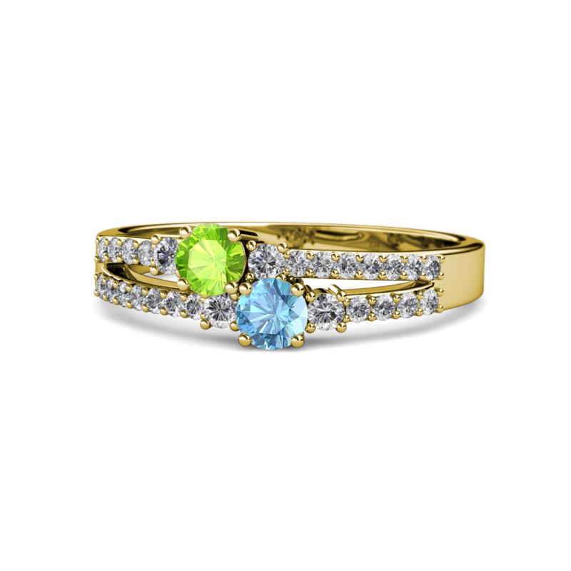 Zaira Peridot and Blue Topaz with Side Diamonds Split Shank Ring 