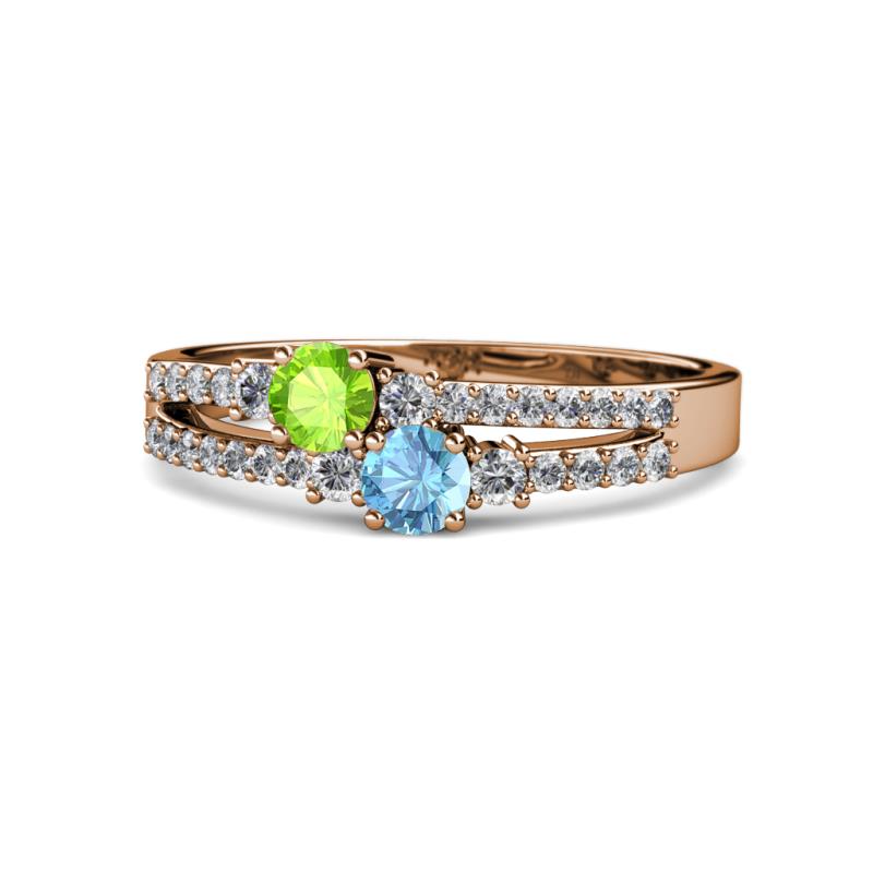 Zaira Peridot and Blue Topaz with Side Diamonds Split Shank Ring 