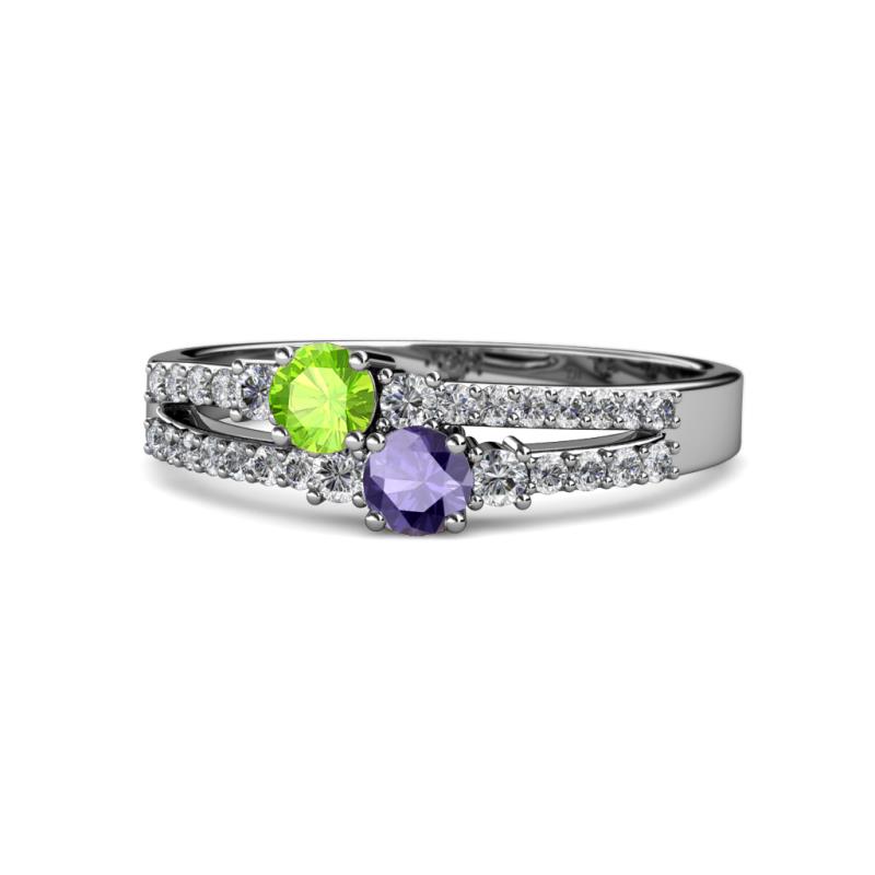 Zaira Peridot and Iolite with Side Diamonds Split Shank Ring 