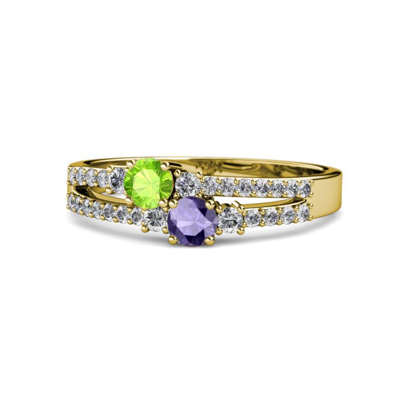 Zaira Peridot and Iolite with Side Diamonds Split Shank Ring 