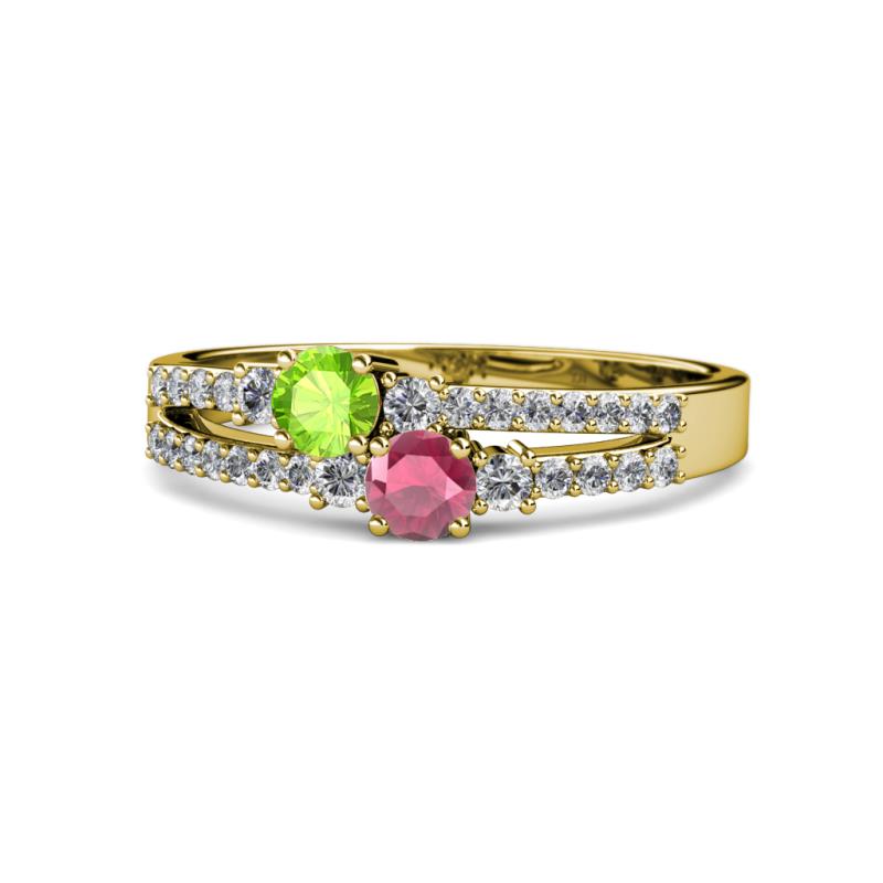 Zaira Peridot and Rhodolite Garnet with Side Diamonds Split Shank Ring 