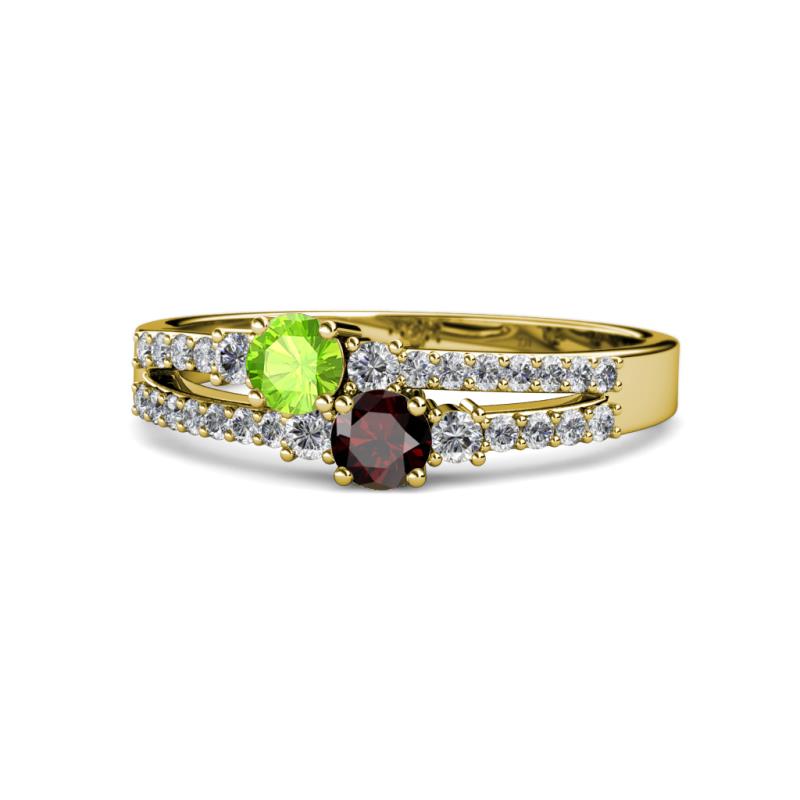 Zaira Peridot and Red Garnet with Side Diamonds Split Shank Ring 