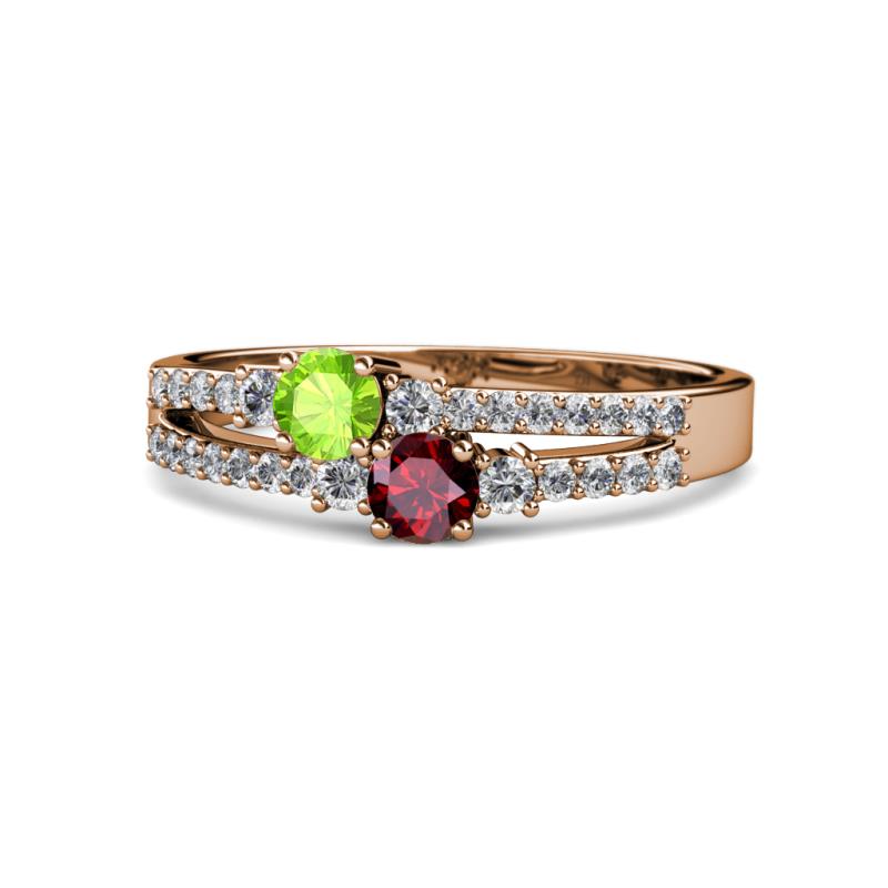 Zaira Peridot and Ruby with Side Diamonds Split Shank Ring 