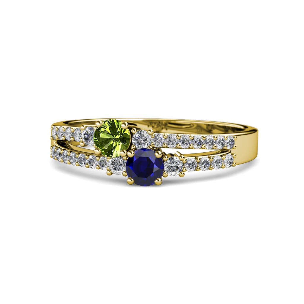 Zaira Peridot and Blue Sapphire with Side Diamonds Split Shank Ring 