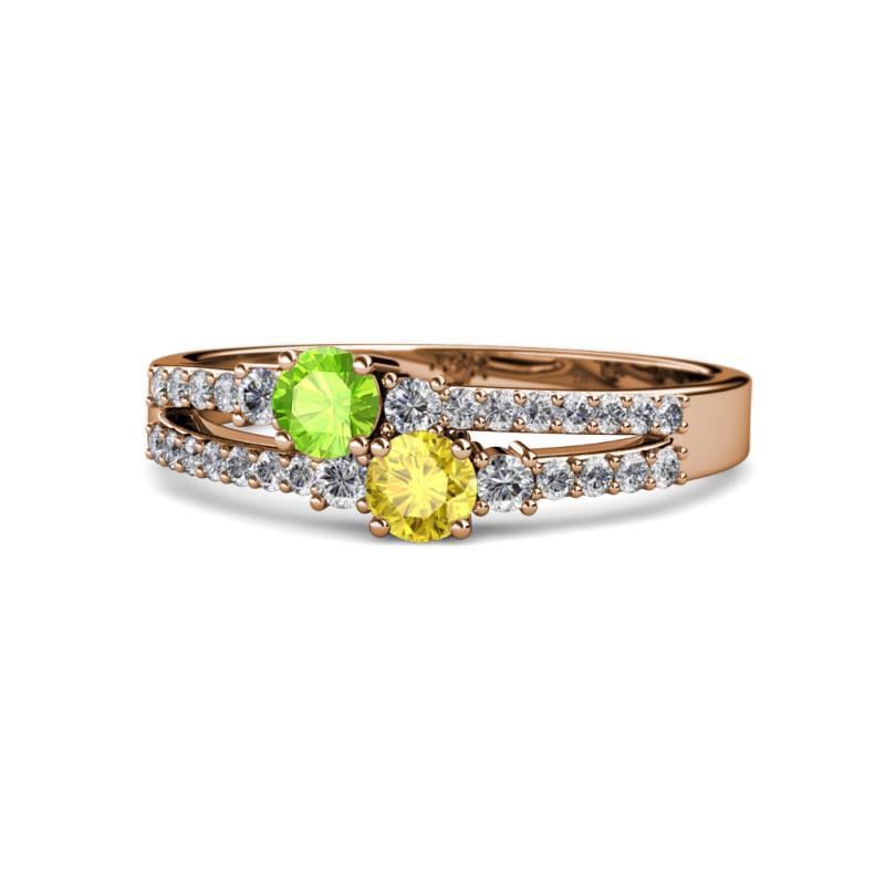 Zaira Peridot and Yellow Sapphire with Side Diamonds Split Shank Ring 