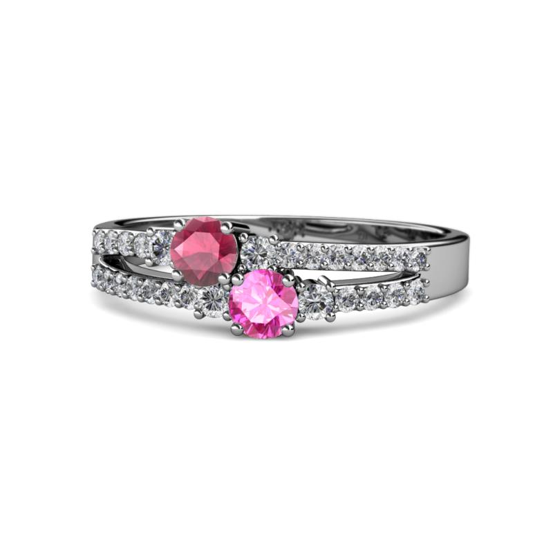 Zaira Rhodolite Garnet and Pink Sapphire with Side Diamonds Split Shank Ring 