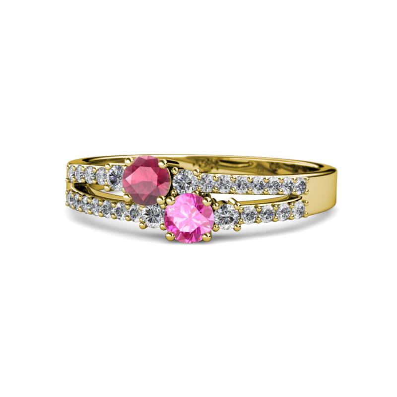 Zaira Rhodolite Garnet and Pink Sapphire with Side Diamonds Split Shank Ring 