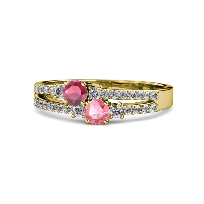 Zaira Rhodolite Garnet and Pink Tourmaline with Side Diamonds Split Shank Ring 